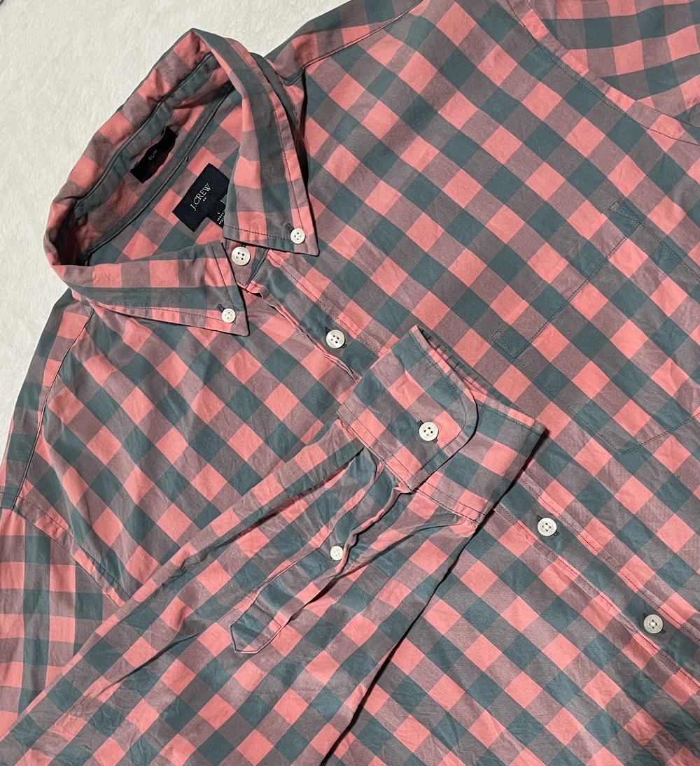 J Crew Shirt Mens Large Pink Grey Plaid Button Down Slim Fit Casual Preppy